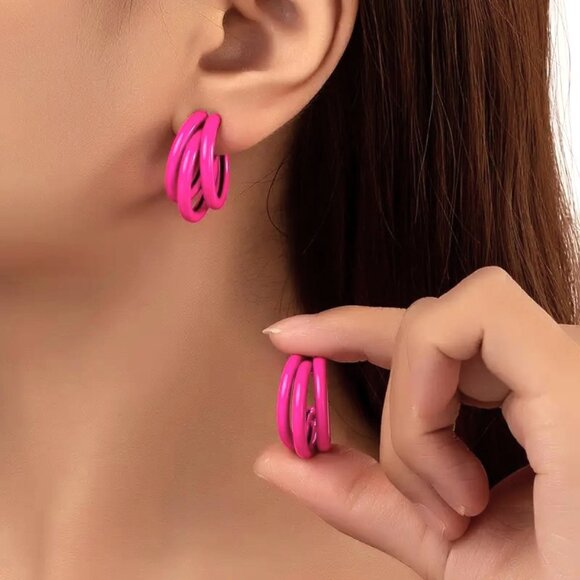 Earrings Pink Triple Multi Hoop C Shape Rings Fashion Classy Stylish Bright NEW - Picture 1 of 2